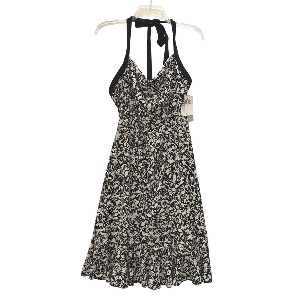 London Times Womens Halter Neck Dress Black White Leaf Print Flounce Hem 14 New